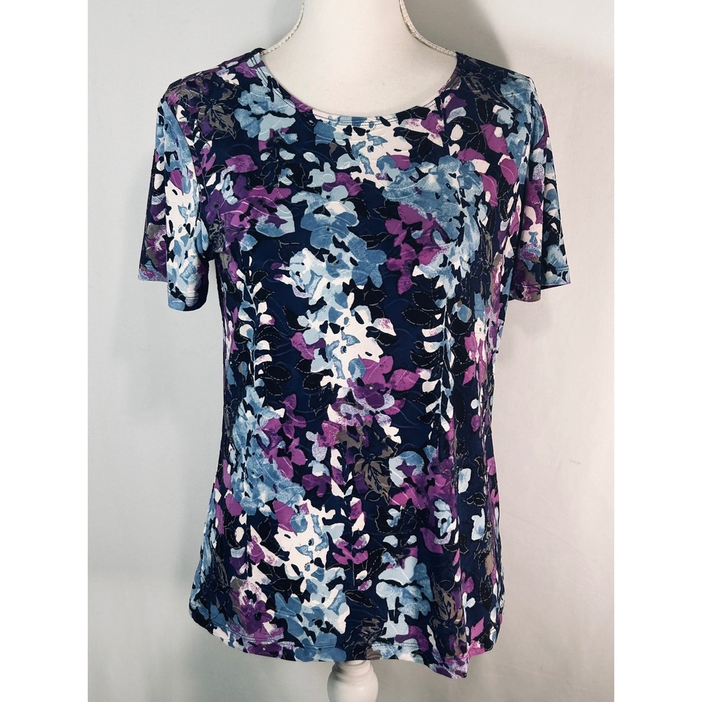 JM Collection Womens Floral Print Short Sleeve Knit Top Purple Blue Small